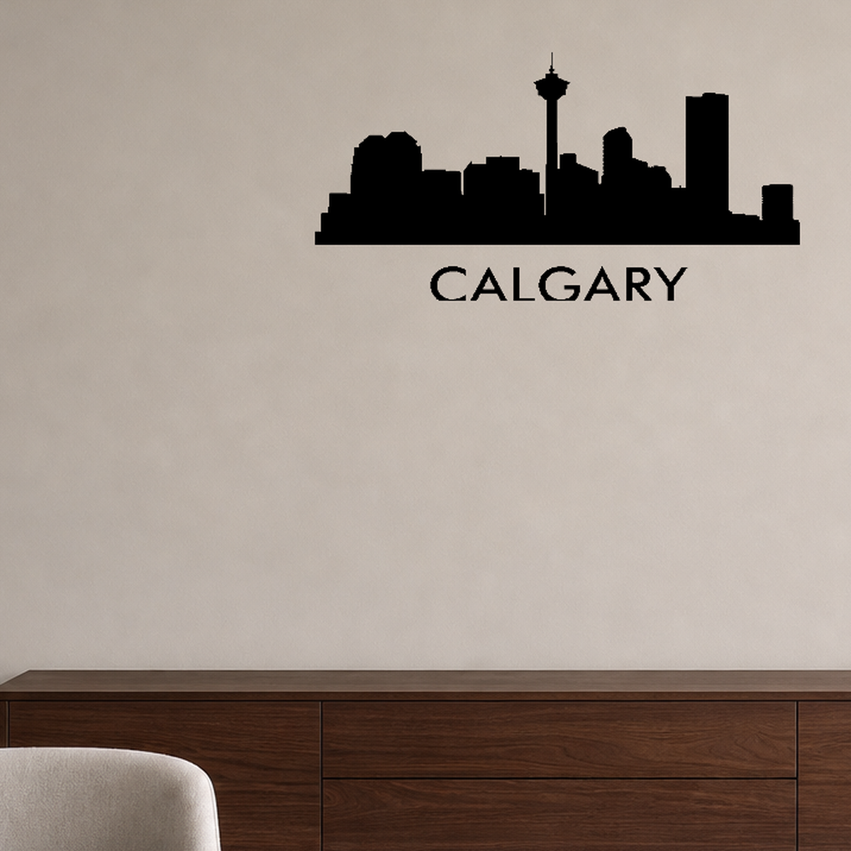 Cityscape Calgary Canada with Text Vinyl Decal Removable Matte Finish Skyline Decore for Indoor Walls shown as a removable vinyl wall decal in a category-appropriate room