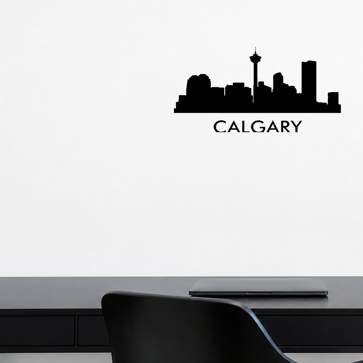 Cityscape Calgary Canada with Text Vinyl Decal Removable Matte Finish Skyline Decore for Indoor Walls shown as a removable vinyl wall decal in a second room setting
