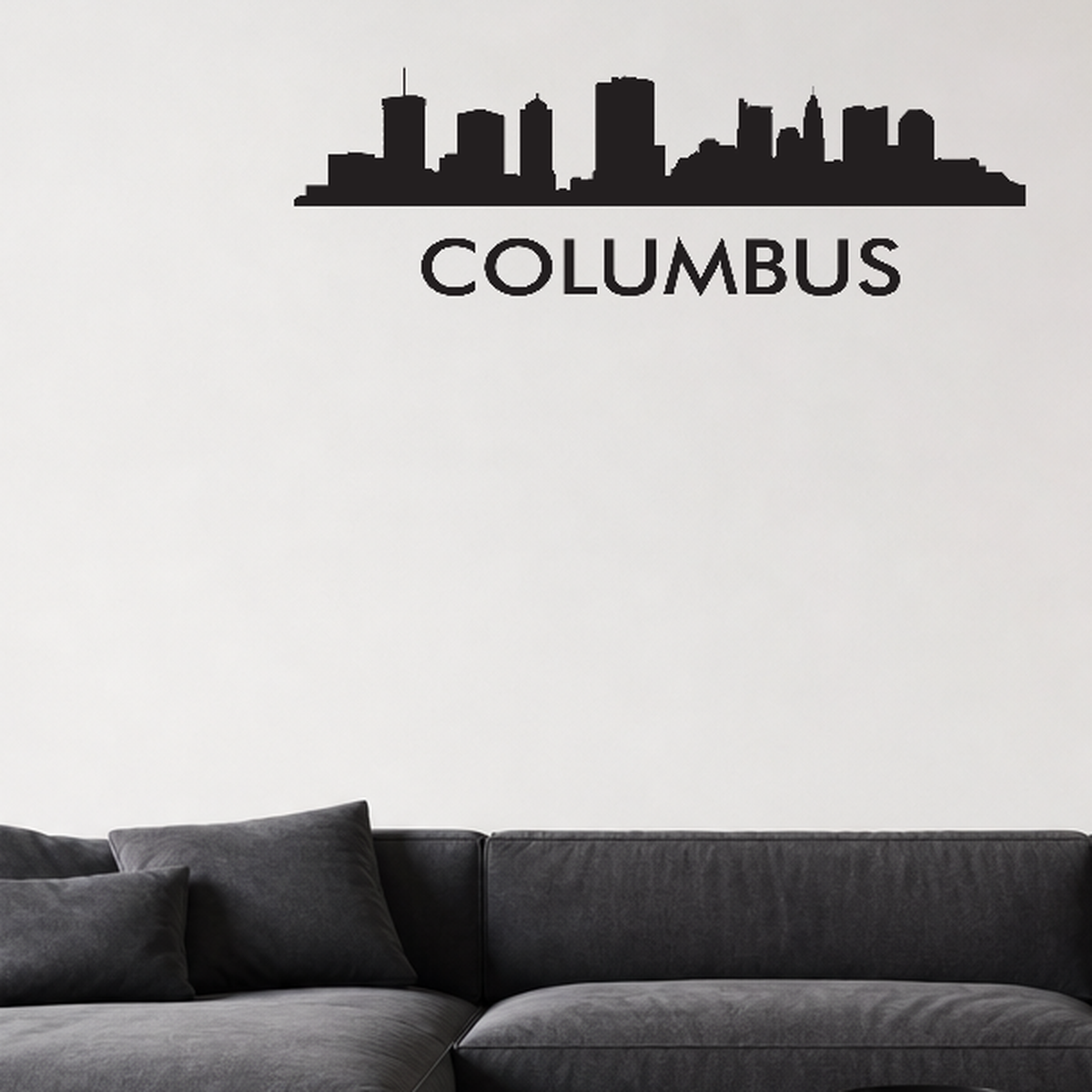 Columbus with text removable vinyl wall decal shown installed in a styled room