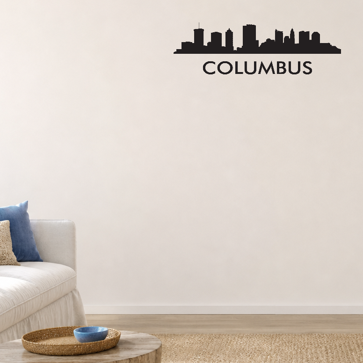 Columbus with text removable vinyl wall decal shown installed in a second room setting