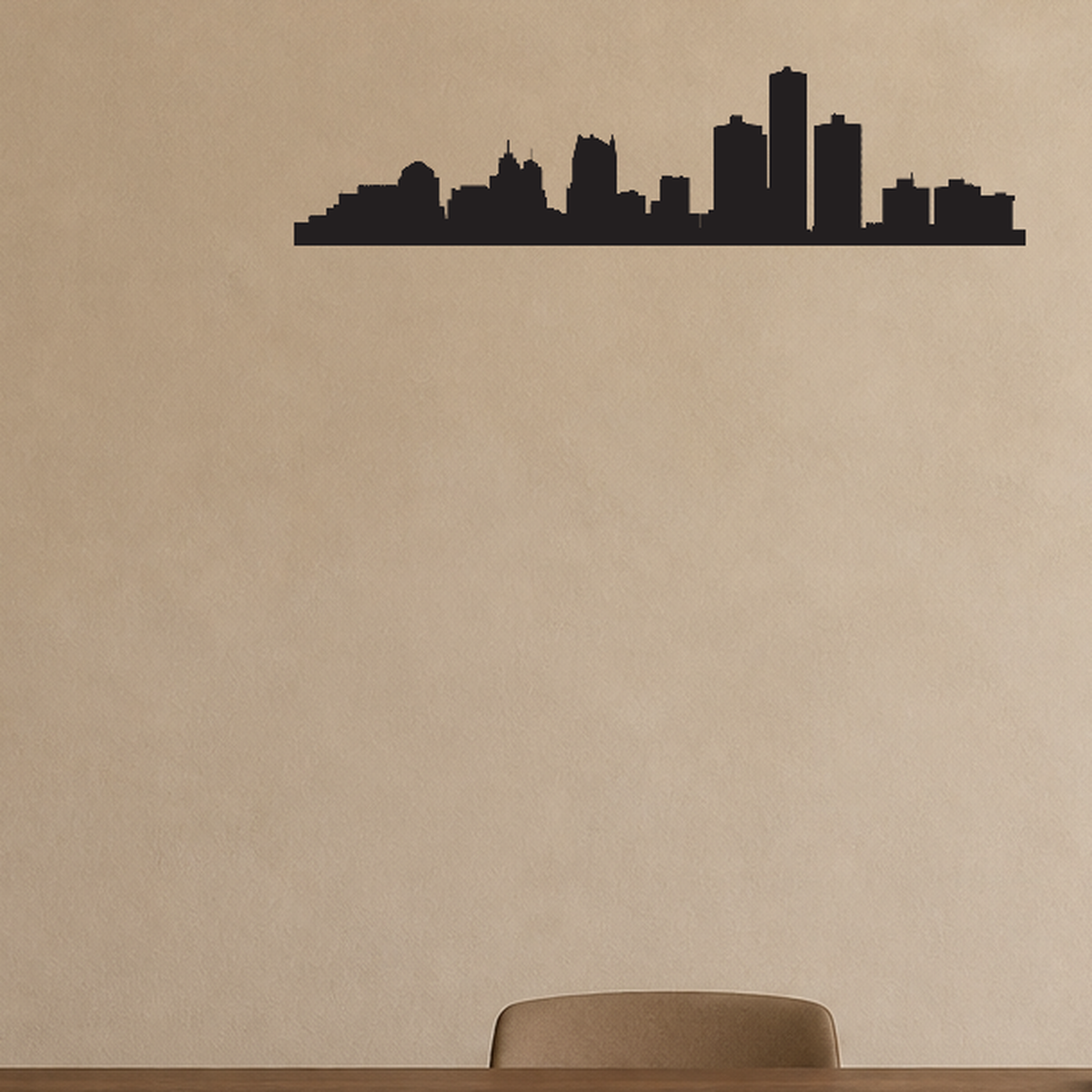 Detroit skyline removable vinyl wall decal shown installed in a styled room