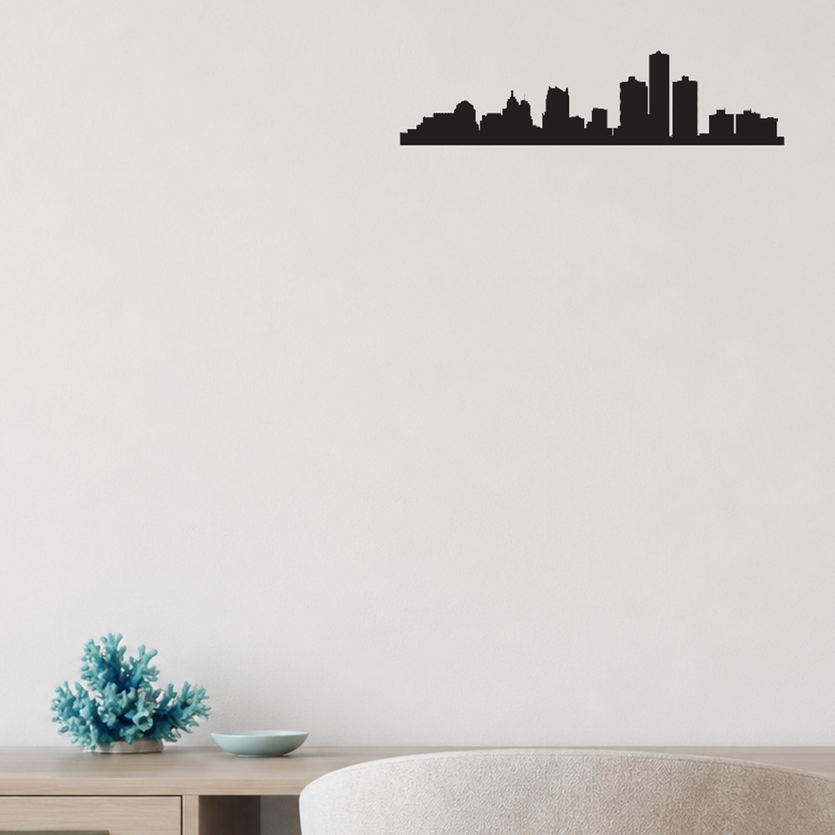 Detroit skyline removable vinyl wall decal shown installed in a second room setting