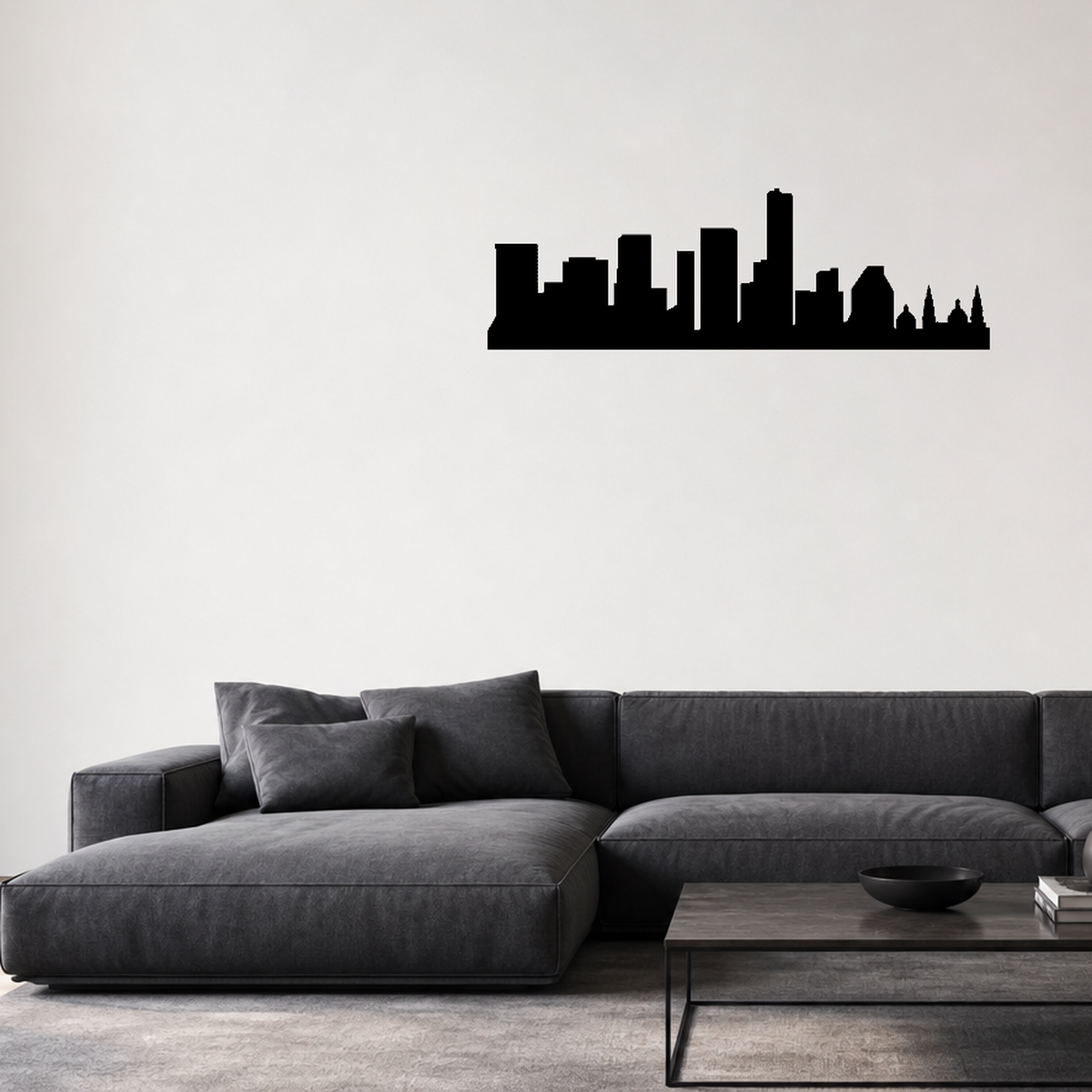 Cityscape Guadalajara Mexico Vinyl Decal Removable Matte Finish Skyline Decore for Indoor Walls shown as a removable vinyl wall decal in a second room setting