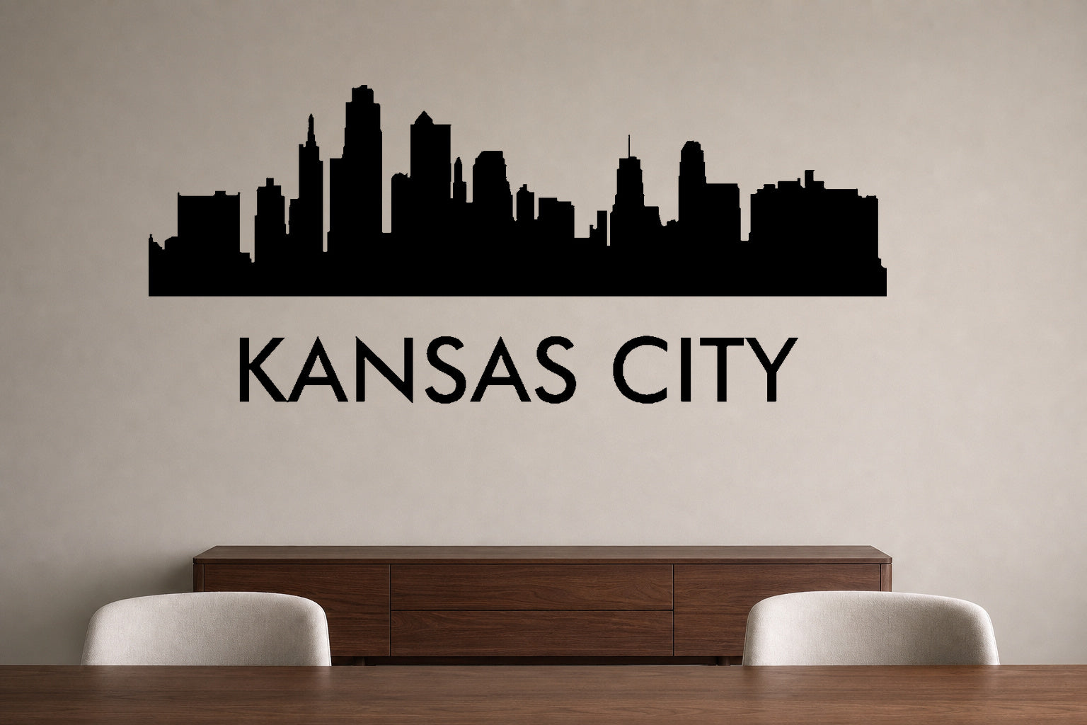Kansas City skyline with text removable vinyl wall decal shown on a modern flat interior wall