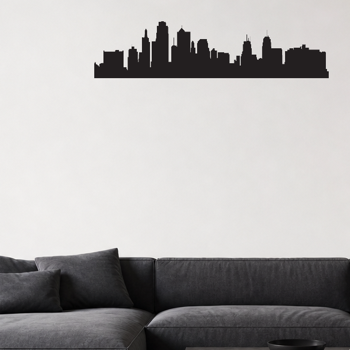 Kansas City skyline removable vinyl wall decal shown installed in a styled room