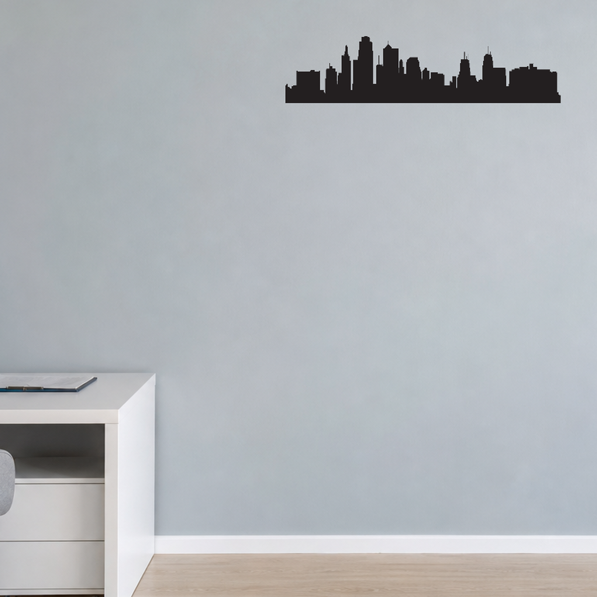 Kansas City skyline removable vinyl wall decal shown installed in a second room setting