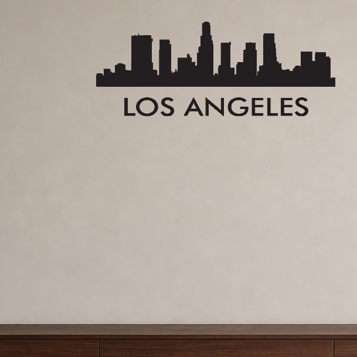 Los Angeles with text removable vinyl wall decal shown installed in a styled room