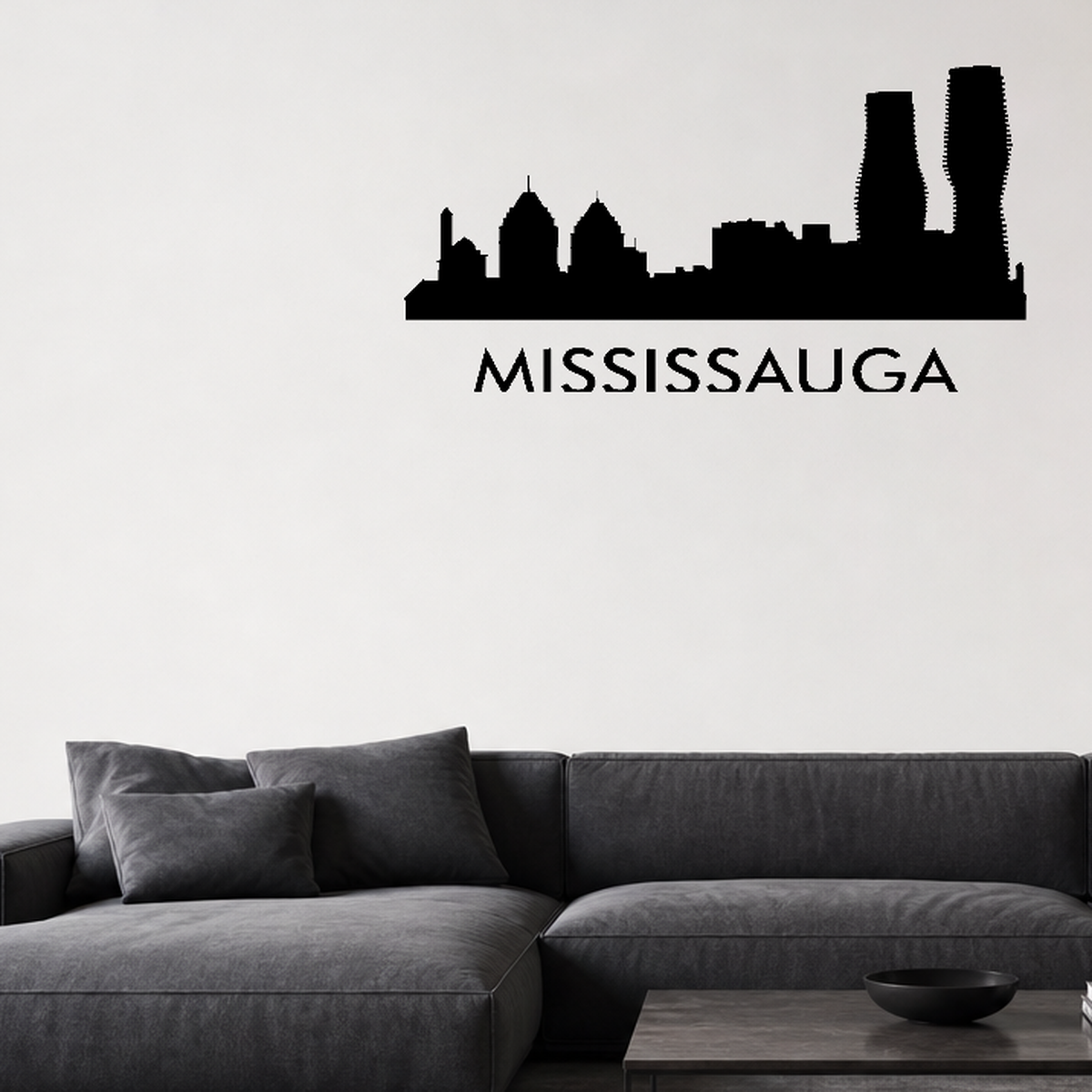Cityscape Mississauga Canada with Text Vinyl Decal Removable Matte Finish Skyline Decore for Indoor Walls shown as a removable vinyl wall decal in a category-appropriate room