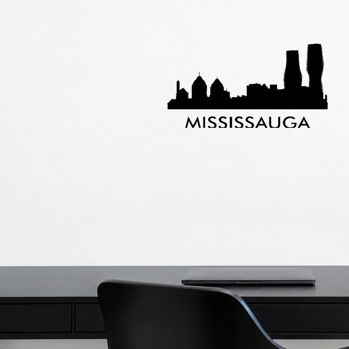 Cityscape Mississauga Canada with Text Vinyl Decal Removable Matte Finish Skyline Decore for Indoor Walls shown as a removable vinyl wall decal in a second room setting