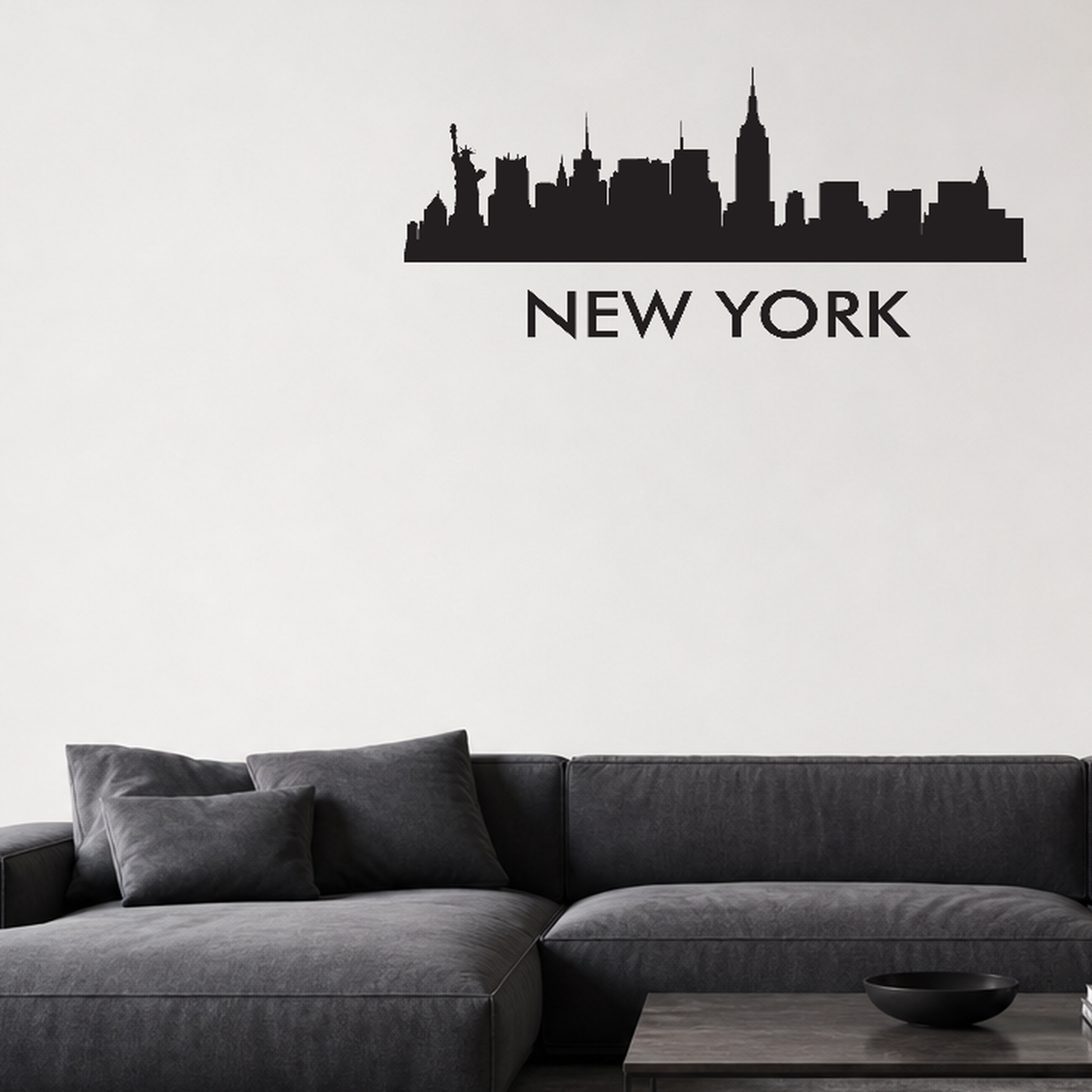 New York City with text removable vinyl wall decal shown installed in a styled room
