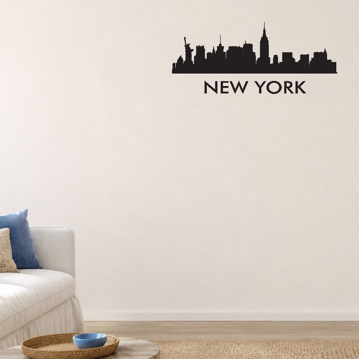 New York City with text removable vinyl wall decal shown installed in a second room setting