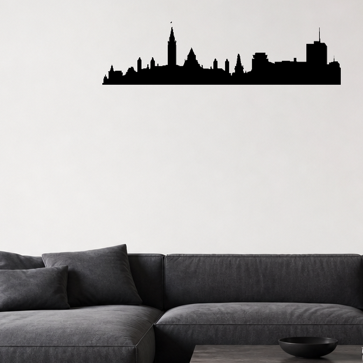 Cityscape Ottawa Canada Vinyl Decal Removable Matte Finish Skyline Decore for Indoor Walls shown as a removable vinyl wall decal in a category-appropriate room