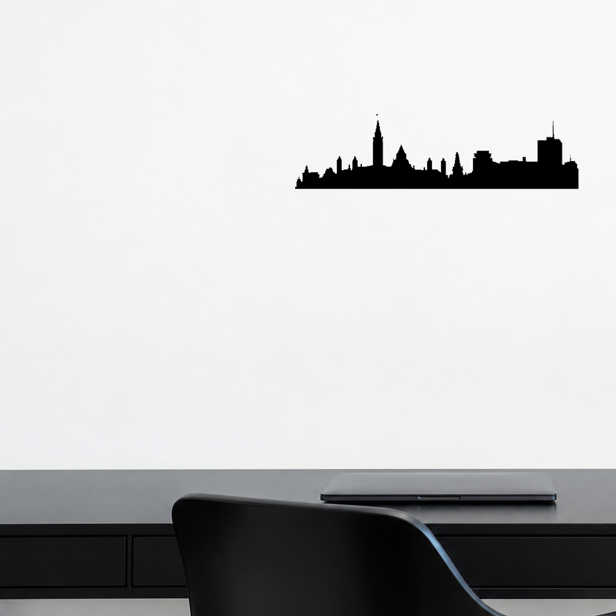 Cityscape Ottawa Canada Vinyl Decal Removable Matte Finish Skyline Decore for Indoor Walls shown as a removable vinyl wall decal in a second room setting