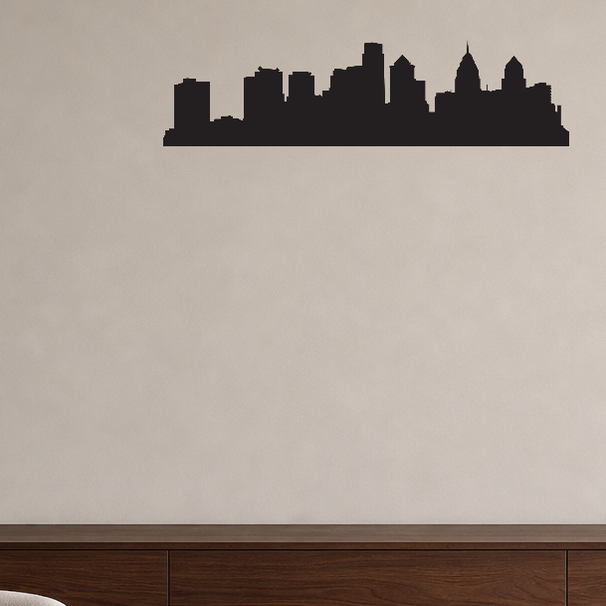 Philadelphia skyline removable vinyl wall decal shown installed in a styled room