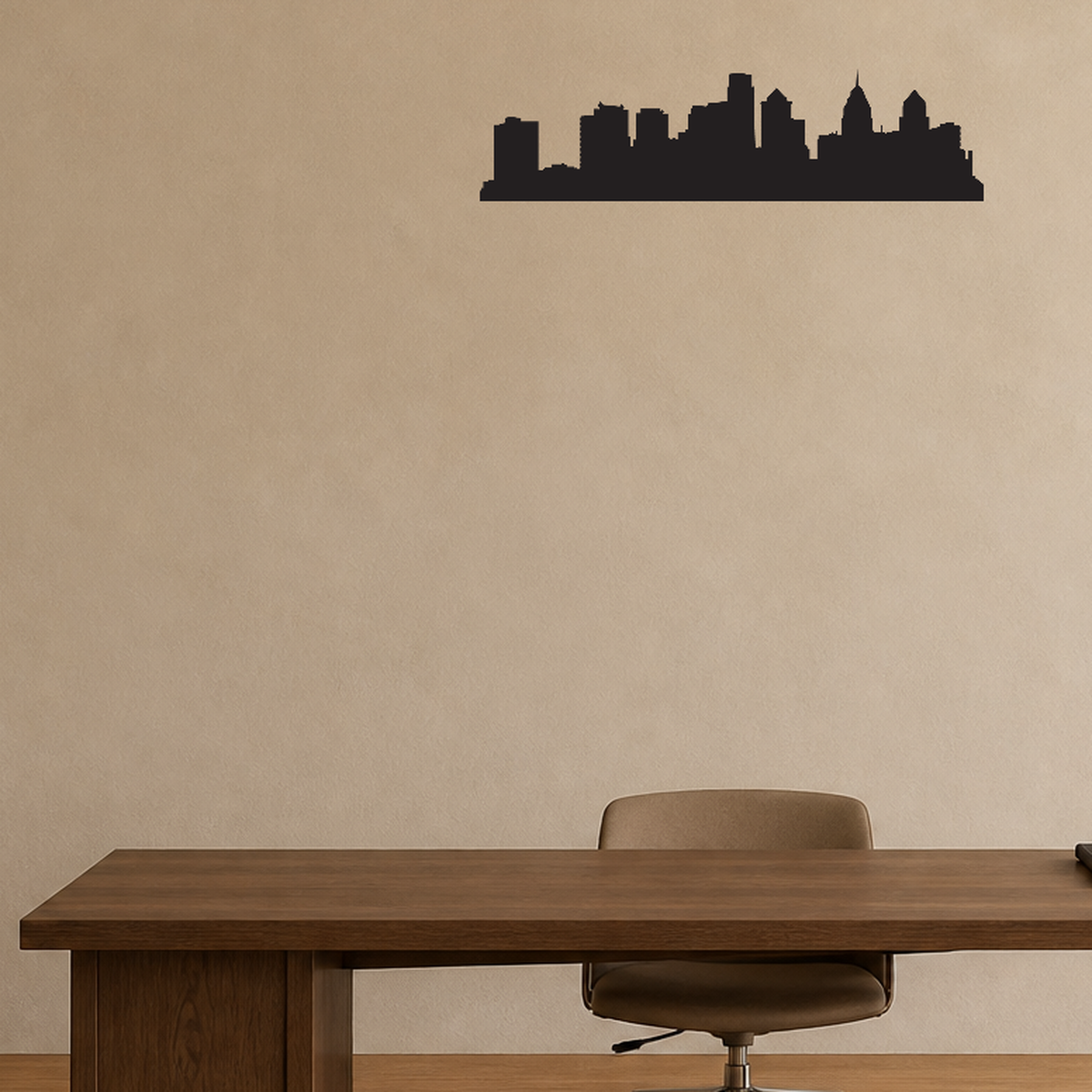 Philadelphia skyline removable vinyl wall decal shown installed in a second room setting