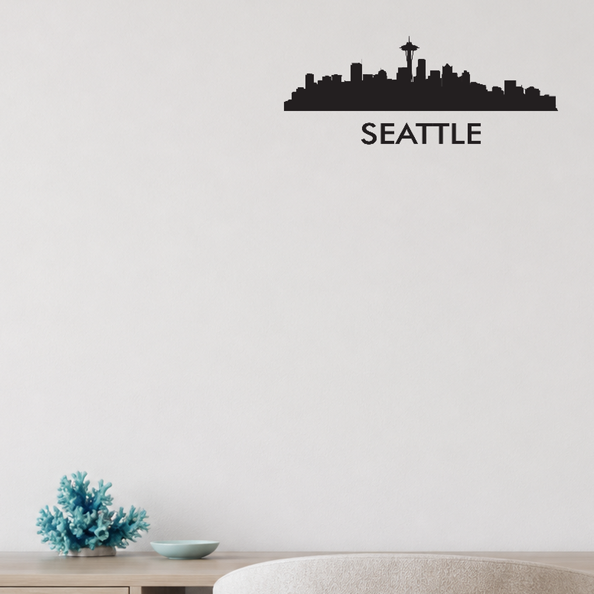 Seattle with text removable vinyl wall decal shown installed in a second room setting