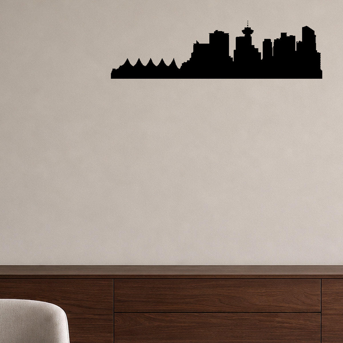 Cityscape Vancouver Canada Vinyl Decal Removable Matte Finish Skyline Decore for Indoor Walls shown as a removable vinyl wall decal in a category-appropriate room