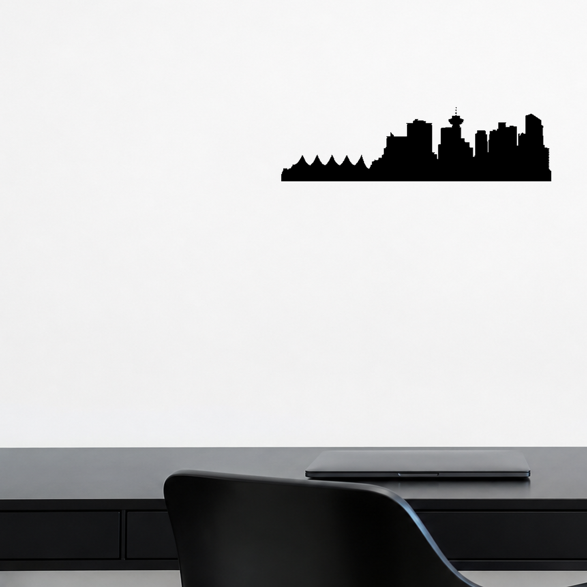 Cityscape Vancouver Canada Vinyl Decal Removable Matte Finish Skyline Decore for Indoor Walls shown as a removable vinyl wall decal in a second room setting