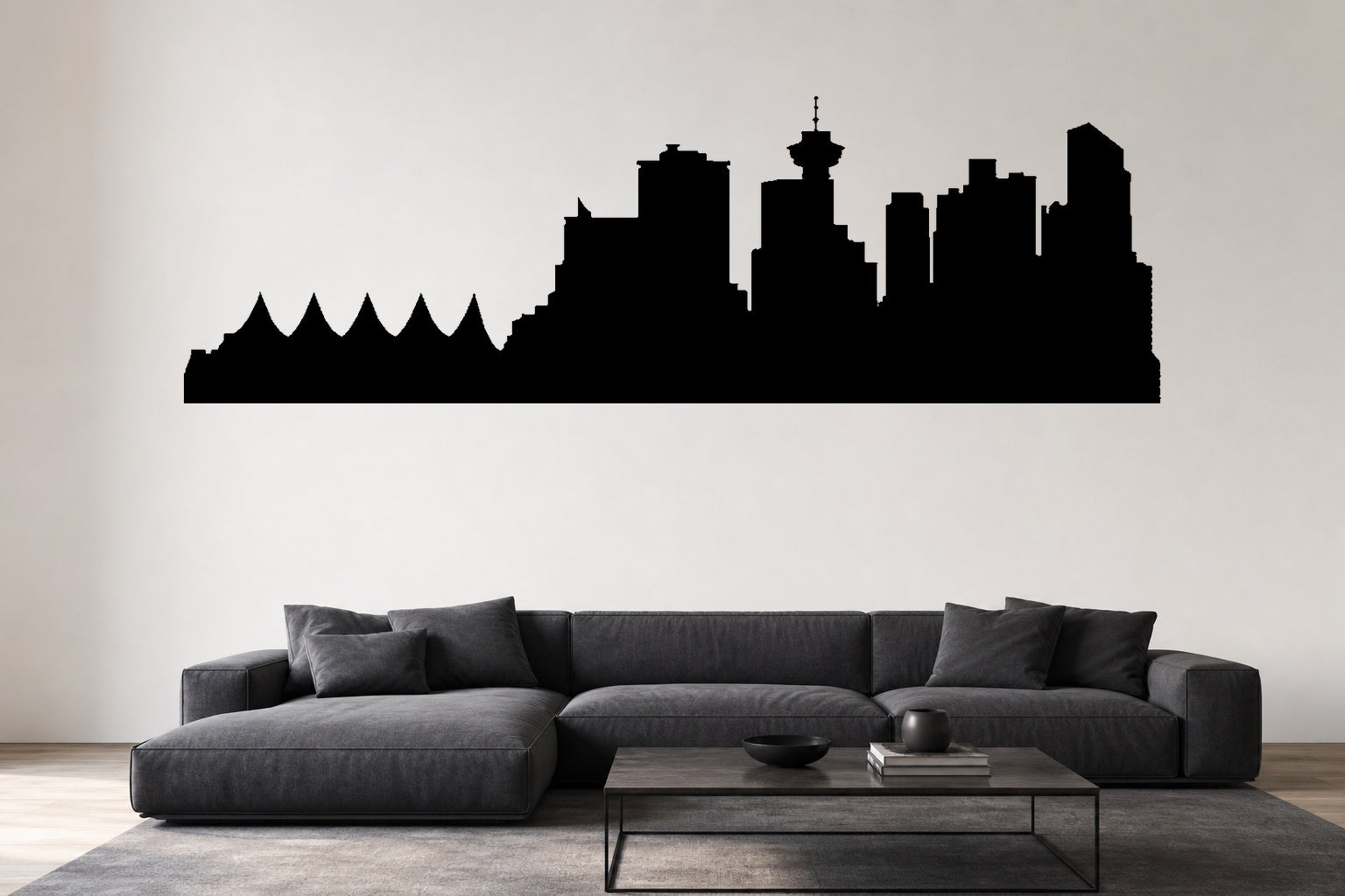 Vancouver skyline removable vinyl wall decal shown on a modern flat interior wall