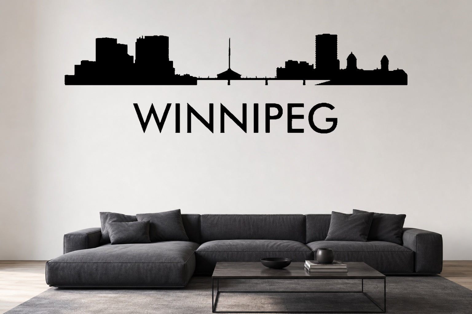 Winnipeg skyline removable vinyl wall decal shown on a modern flat interior wall