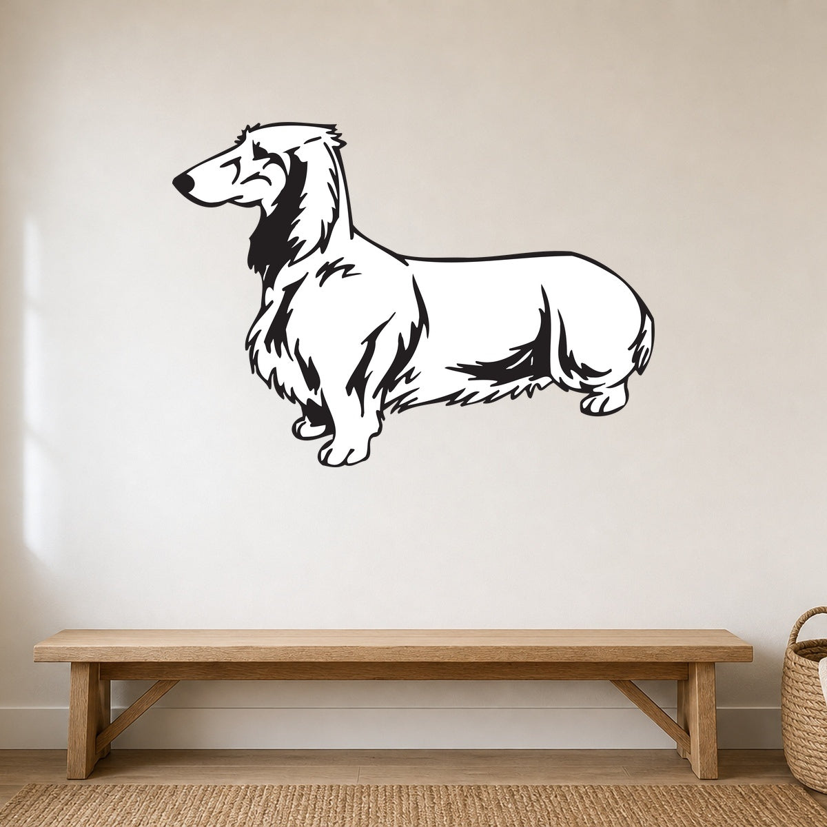 Dachshund silhouette wall decal shown in a pet-friendly entryway