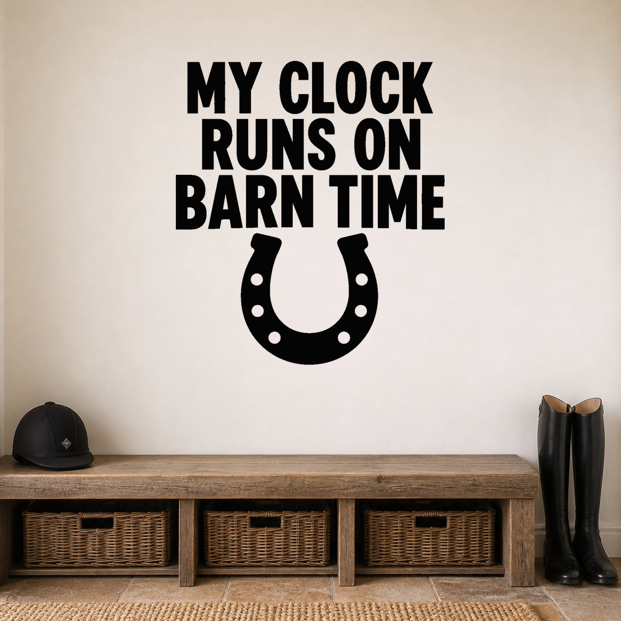 My Clock Runs on Barn Time removable vinyl wall decal shown in a styled room.