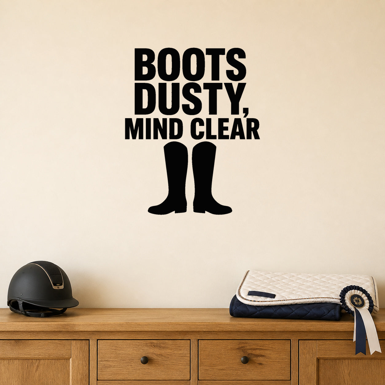 Alternate room view of the Boots Dusty, Mind Clear removable vinyl wall decal.