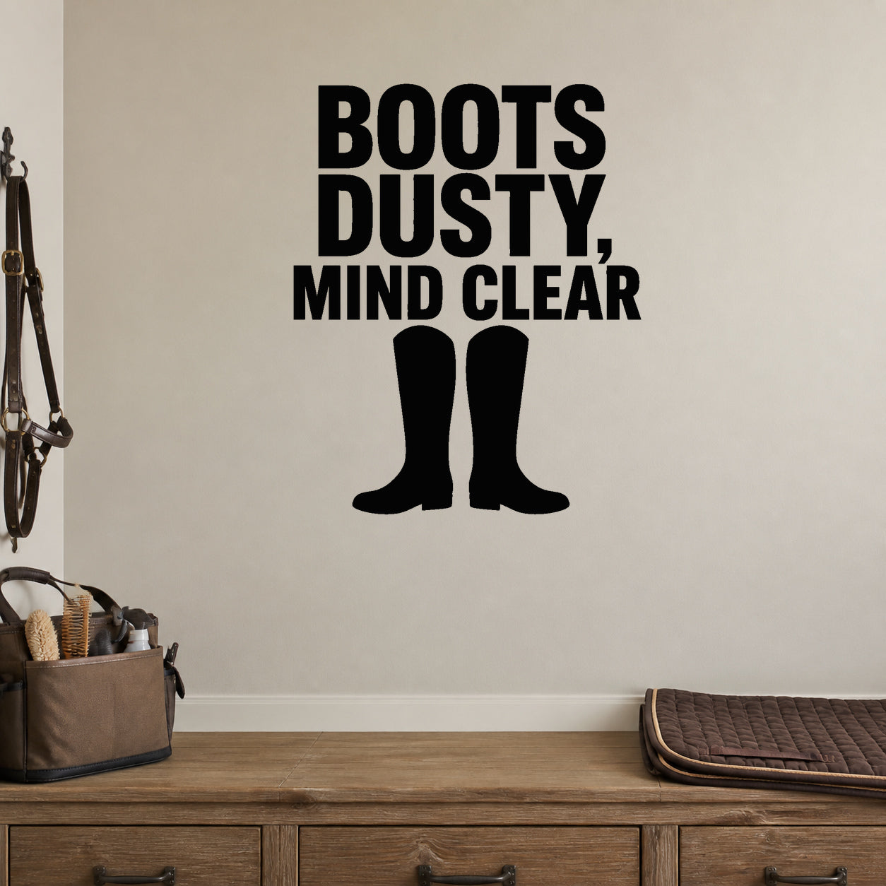 Boots Dusty, Mind Clear removable vinyl wall decal shown in a styled room.