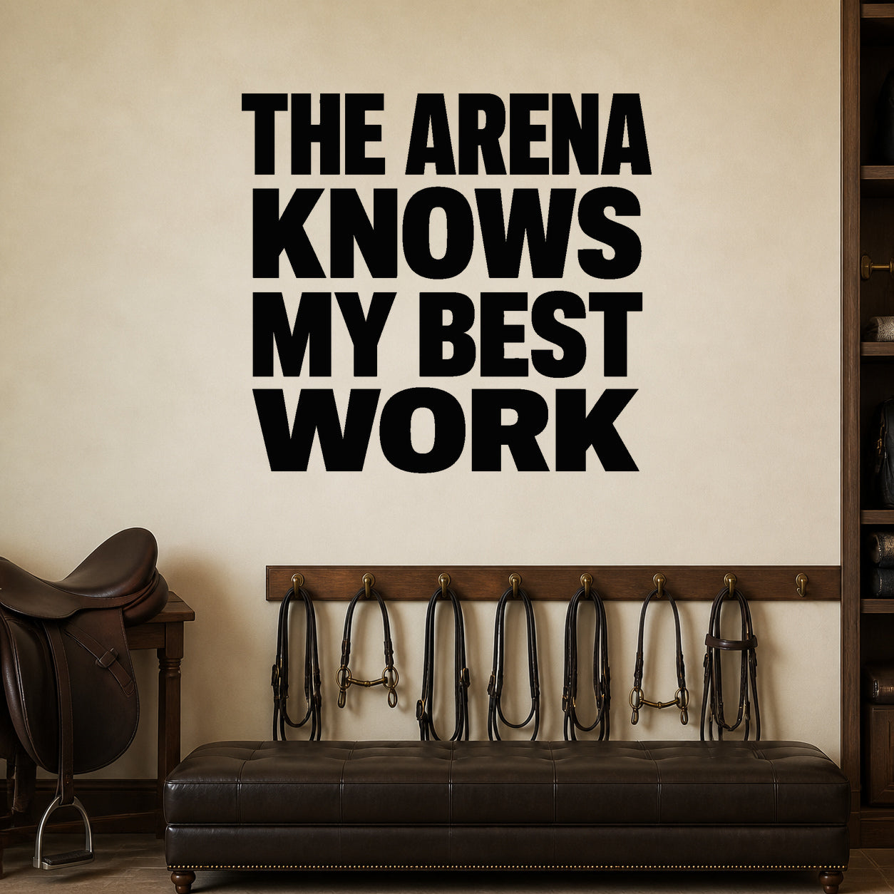 Alternate room view of the The Arena Knows My Best Work removable vinyl wall decal.