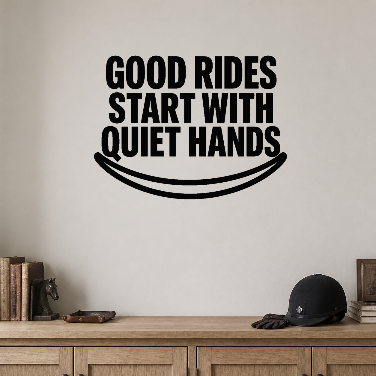 Alternate room view of the Good Rides Start with Quiet Hands removable vinyl wall decal.