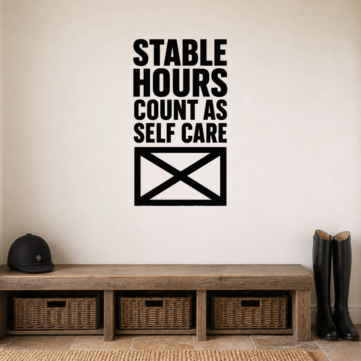 Alternate room view of the Stable Hours Count As Self Care removable vinyl wall decal.