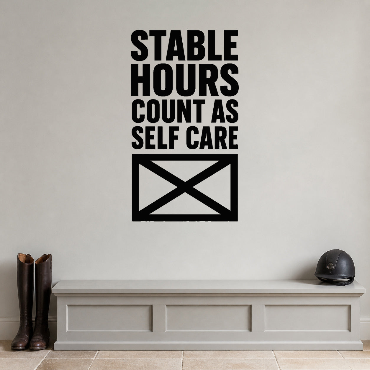 Stable Hours Count As Self Care removable vinyl wall decal shown in a styled room.