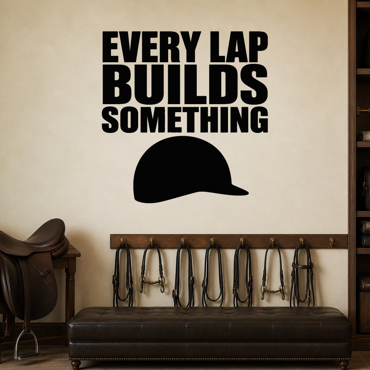 Every Lap Builds Something removable vinyl wall decal shown in a styled room.