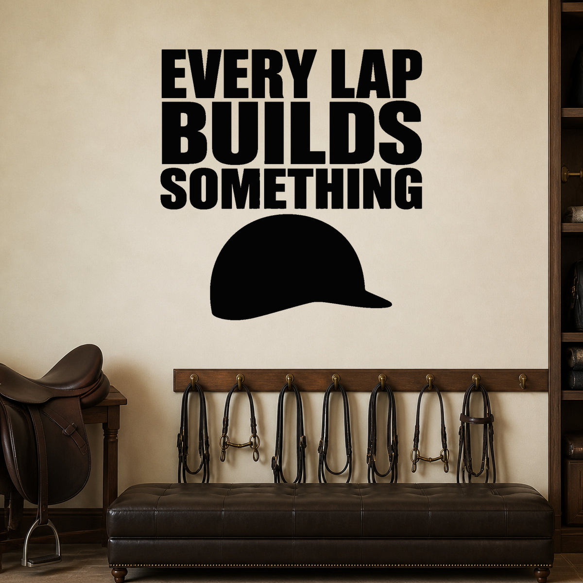 Every Lap Builds Something removable vinyl wall decal shown in a styled room.