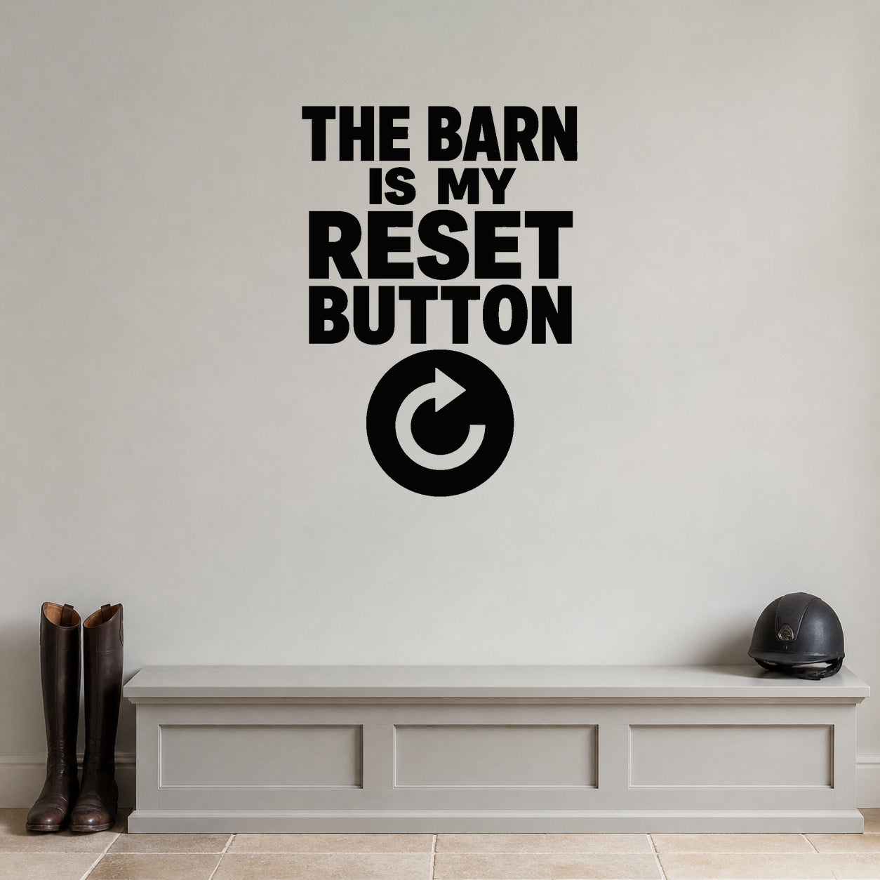 Alternate room view of the The Barn Is My Reset Button removable vinyl wall decal.