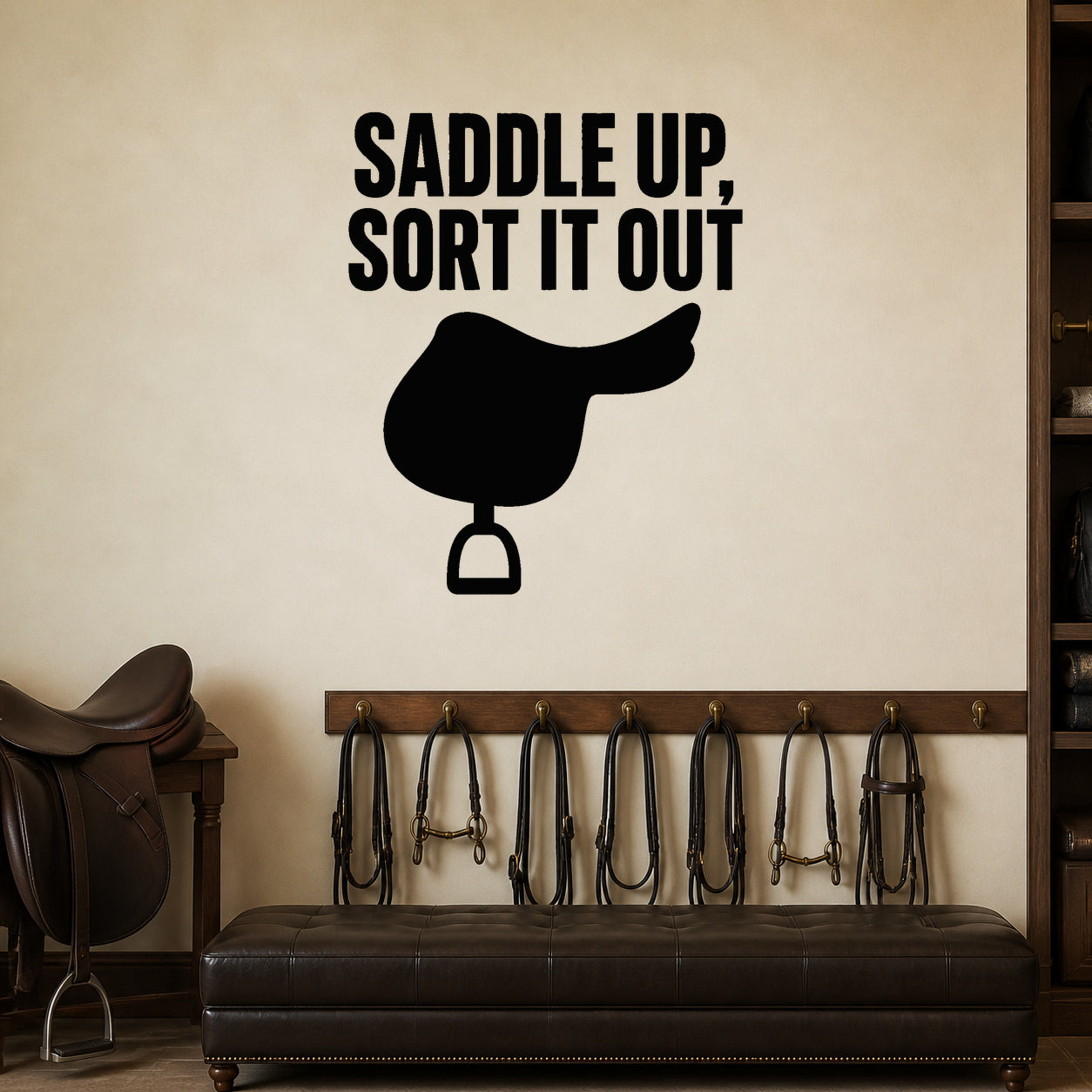 Alternate room view of the Saddle Up, Sort It Out removable vinyl wall decal.