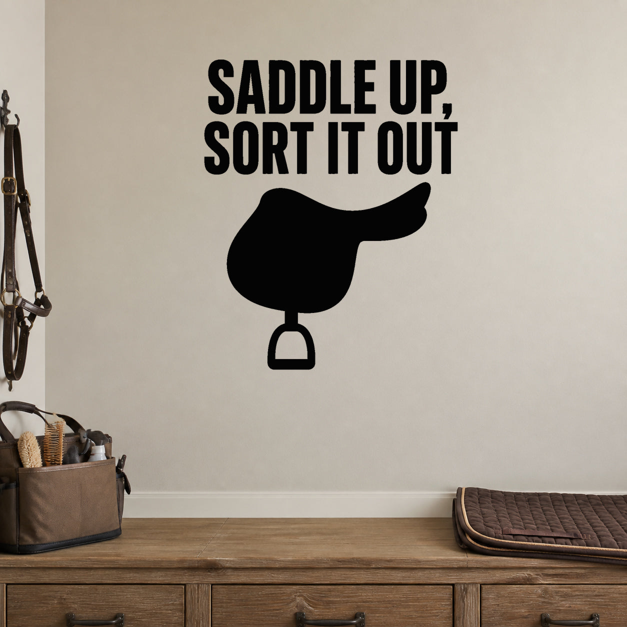 Saddle Up, Sort It Out removable vinyl wall decal shown in a styled room.