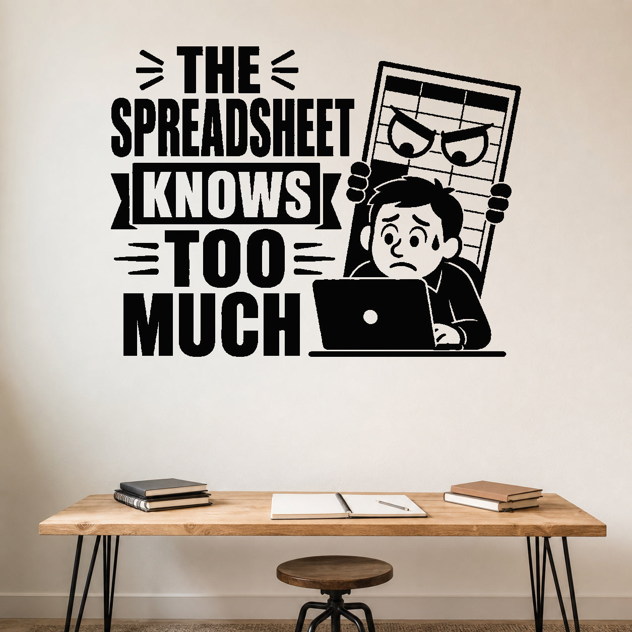 Alternate room view of the The Spreadsheet Knows Too Much removable vinyl wall decal.