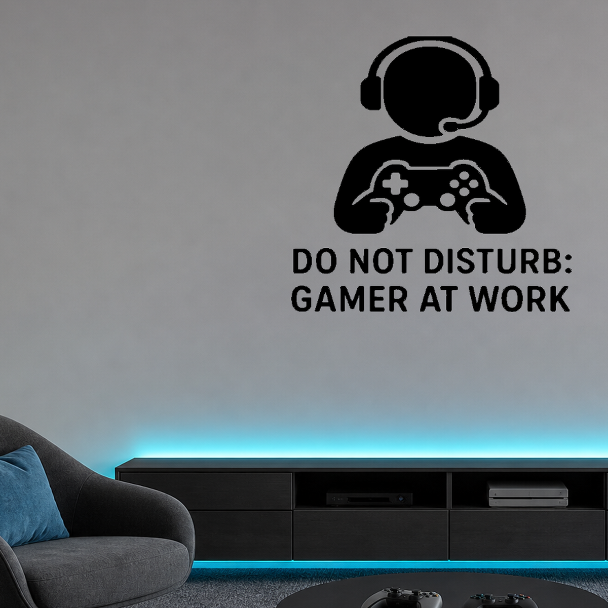 Do Not Disturb: Gamer At Work - Funny Gamer Wall Decal Vinyl Sticker Removable shown as a removable vinyl wall decal in a second room setting