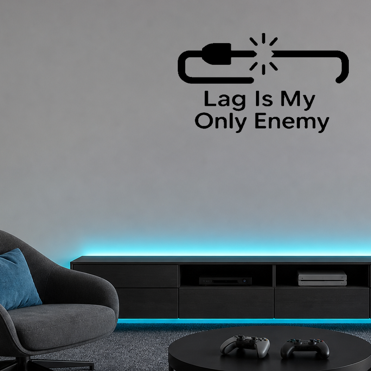 Lag Is My Only Enemy - Funny Gamer Wall Decal Vinyl Sticker Removable shown as a removable vinyl wall decal in a second room setting