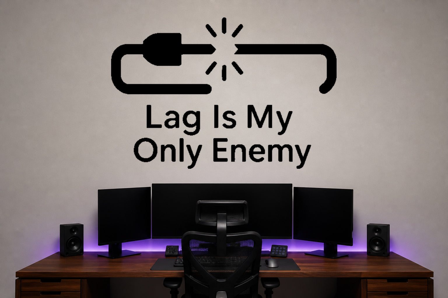 Lag Is My Only Enemy gamer removable vinyl wall decal shown in a modern gaming office