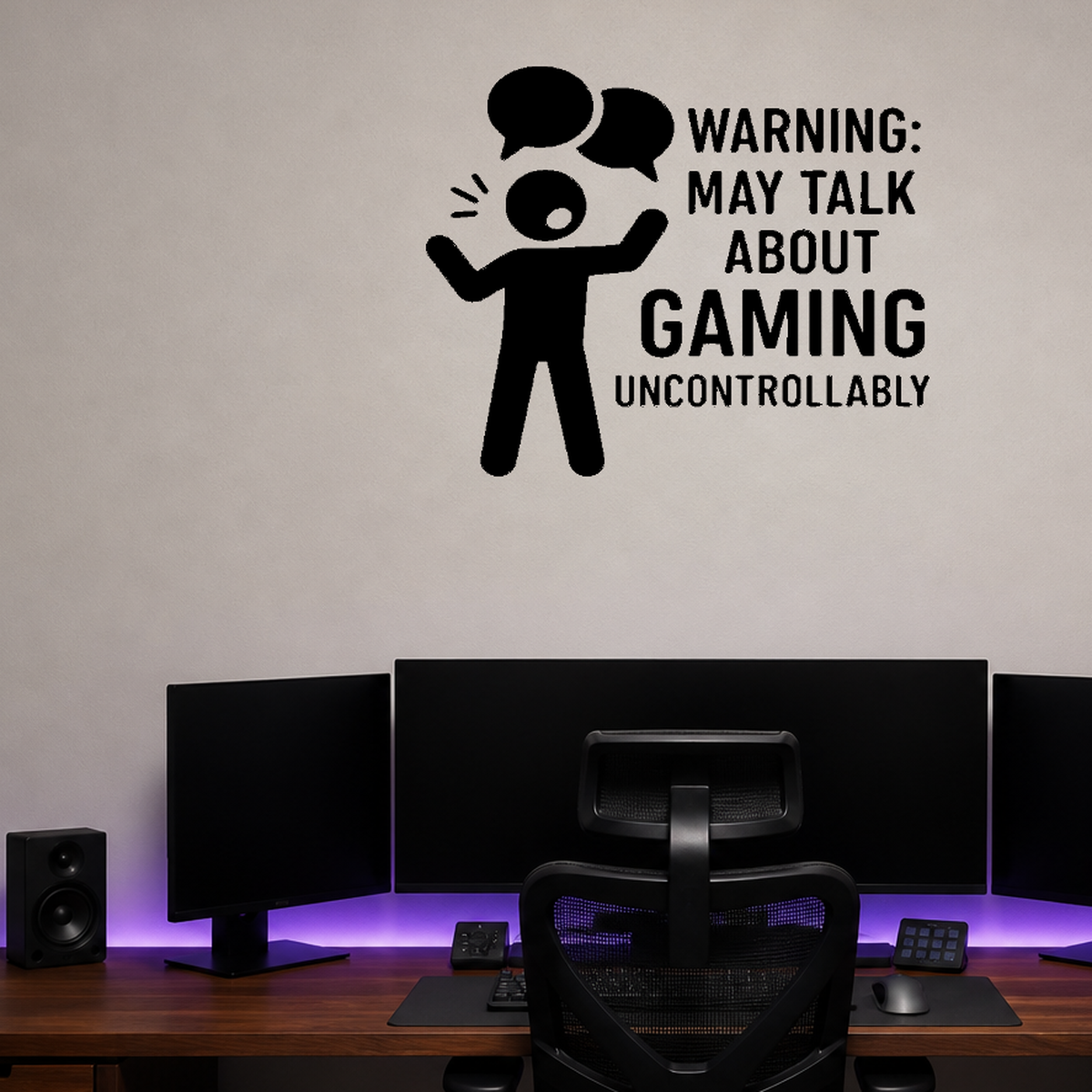 Warning: May Talk About Gaming Uncontrollably - Funny Gamer Wall Decal Vinyl Sticker Removable shown as a removable vinyl wall decal in a second room setting