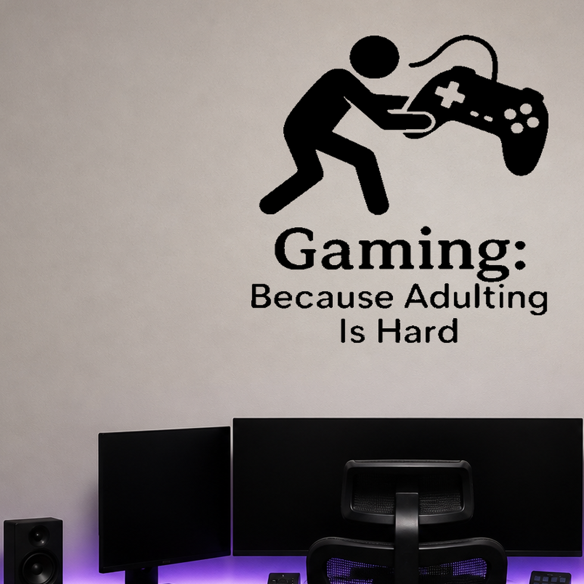 Gaming: Because Adulting Is Hard - Funny Gamer Wall Decal Vinyl Sticker Removable shown as a removable vinyl wall decal in a category-appropriate room