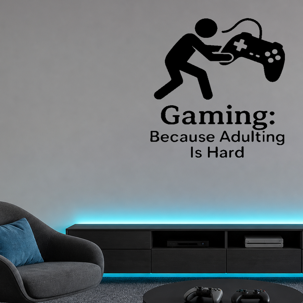 Gaming: Because Adulting Is Hard - Funny Gamer Wall Decal Vinyl Sticker Removable shown as a removable vinyl wall decal in a second room setting