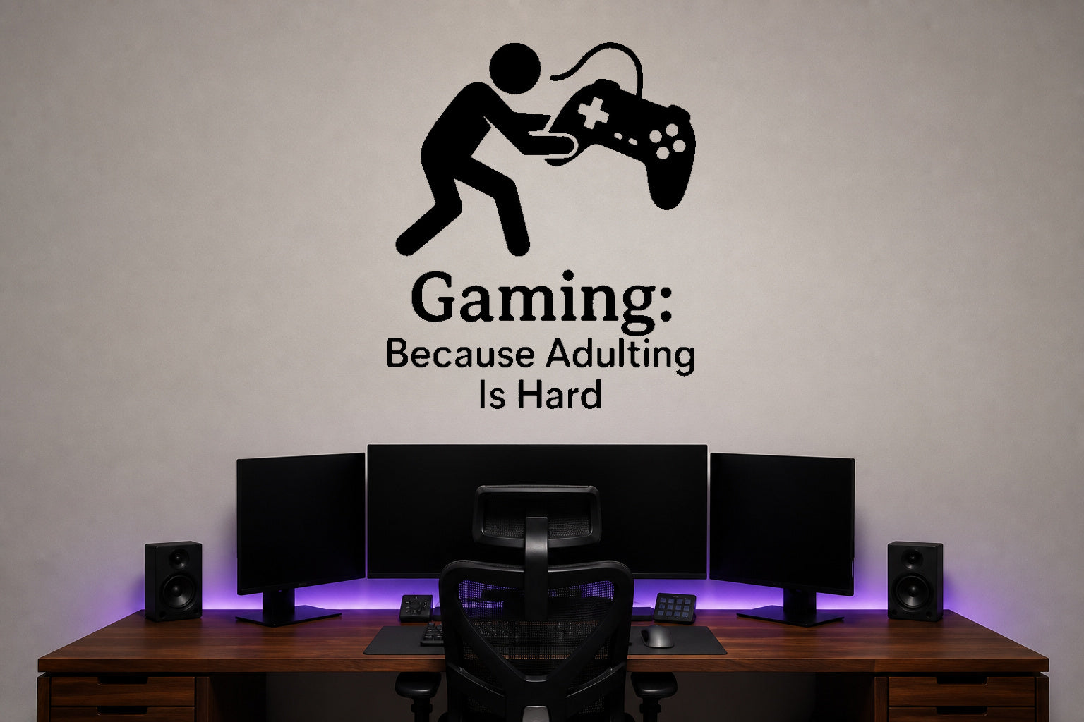 Gaming Because Adulting Is Hard removable vinyl wall decal shown in a modern gaming lounge