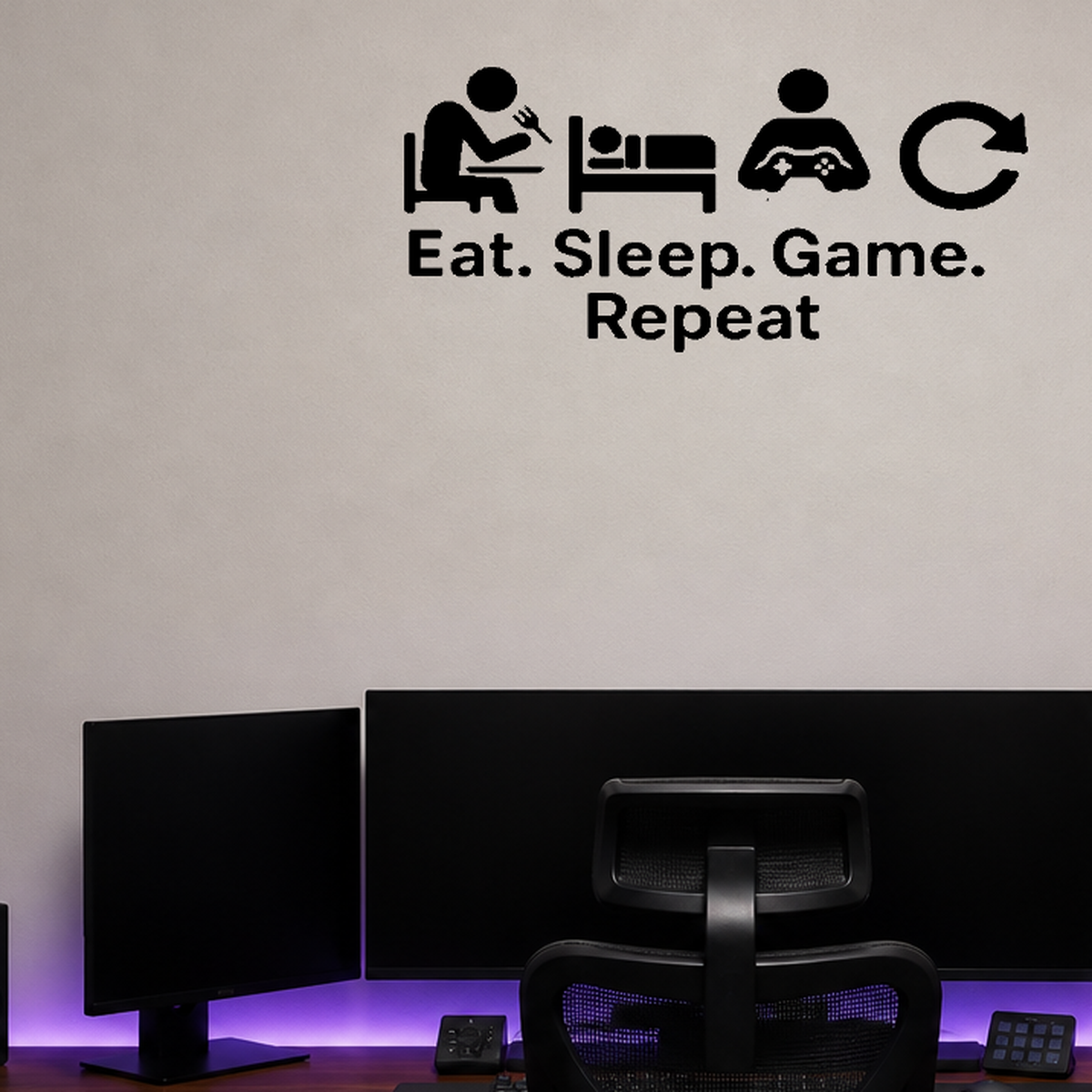 Eat. Sleep. Game. Repeat. - Funny Gamer Wall Decal Vinyl Sticker Removable shown as a removable vinyl wall decal in a category-appropriate room