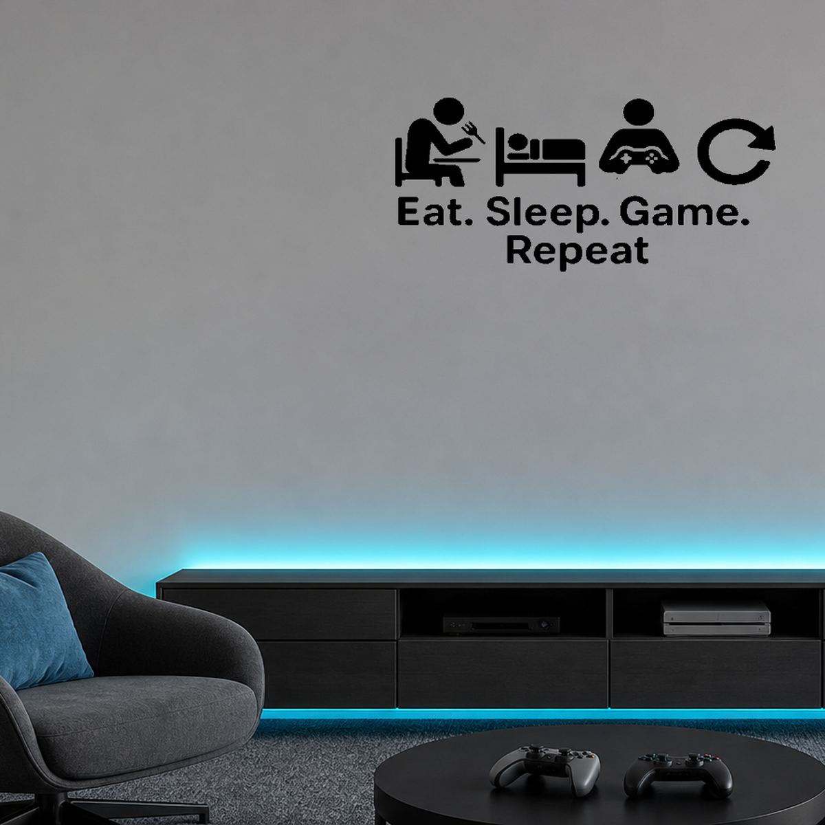Eat. Sleep. Game. Repeat. - Funny Gamer Wall Decal Vinyl Sticker Removable shown as a removable vinyl wall decal in a second room setting