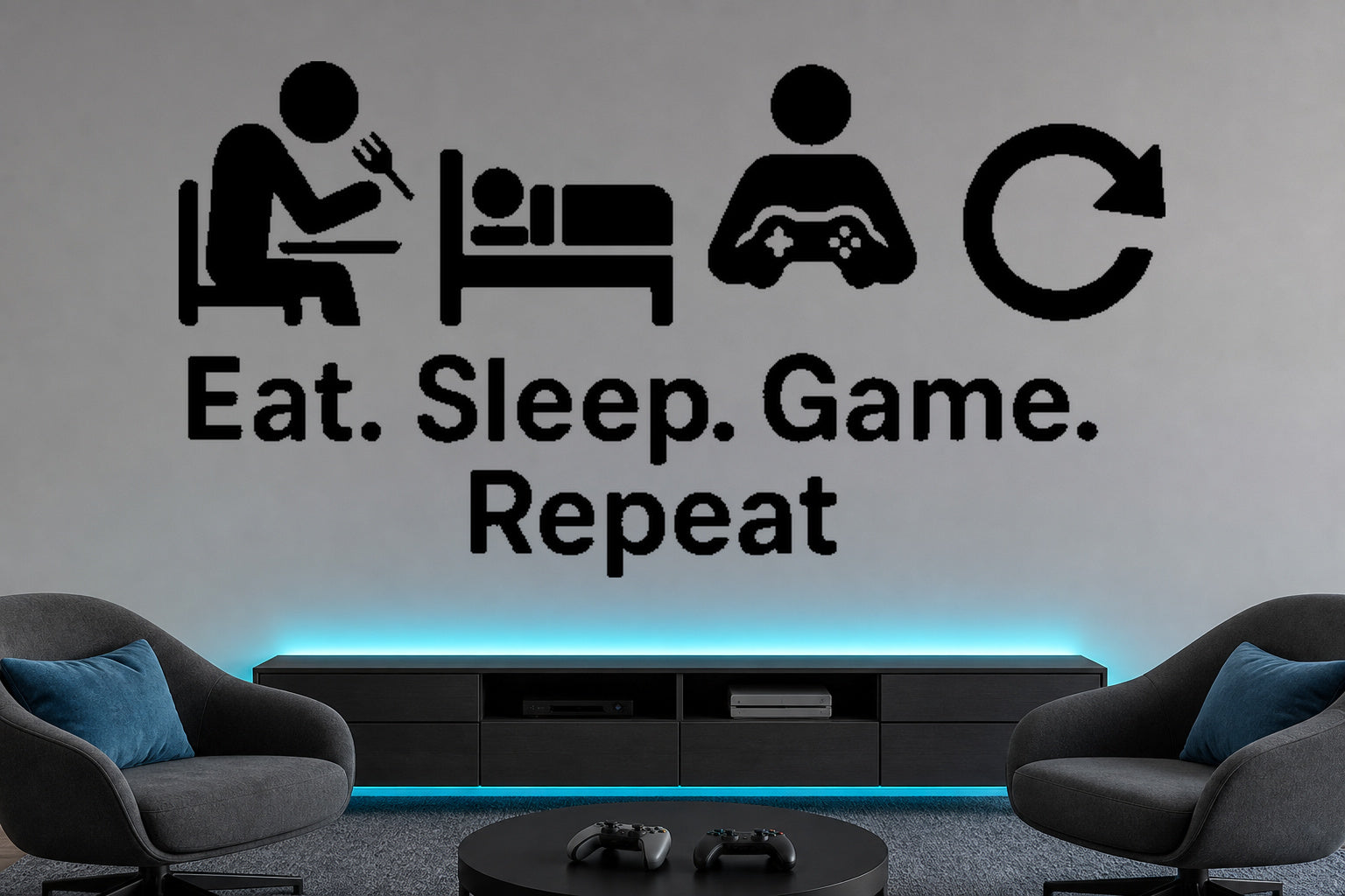 Eat Sleep Game Repeat removable vinyl wall decal shown in a modern gaming room