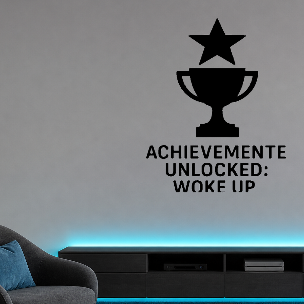 Achievement Unlocked: Woke Up - Funny Gamer Wall Decal Vinyl Sticker Removable shown as a removable vinyl wall decal in a category-appropriate room