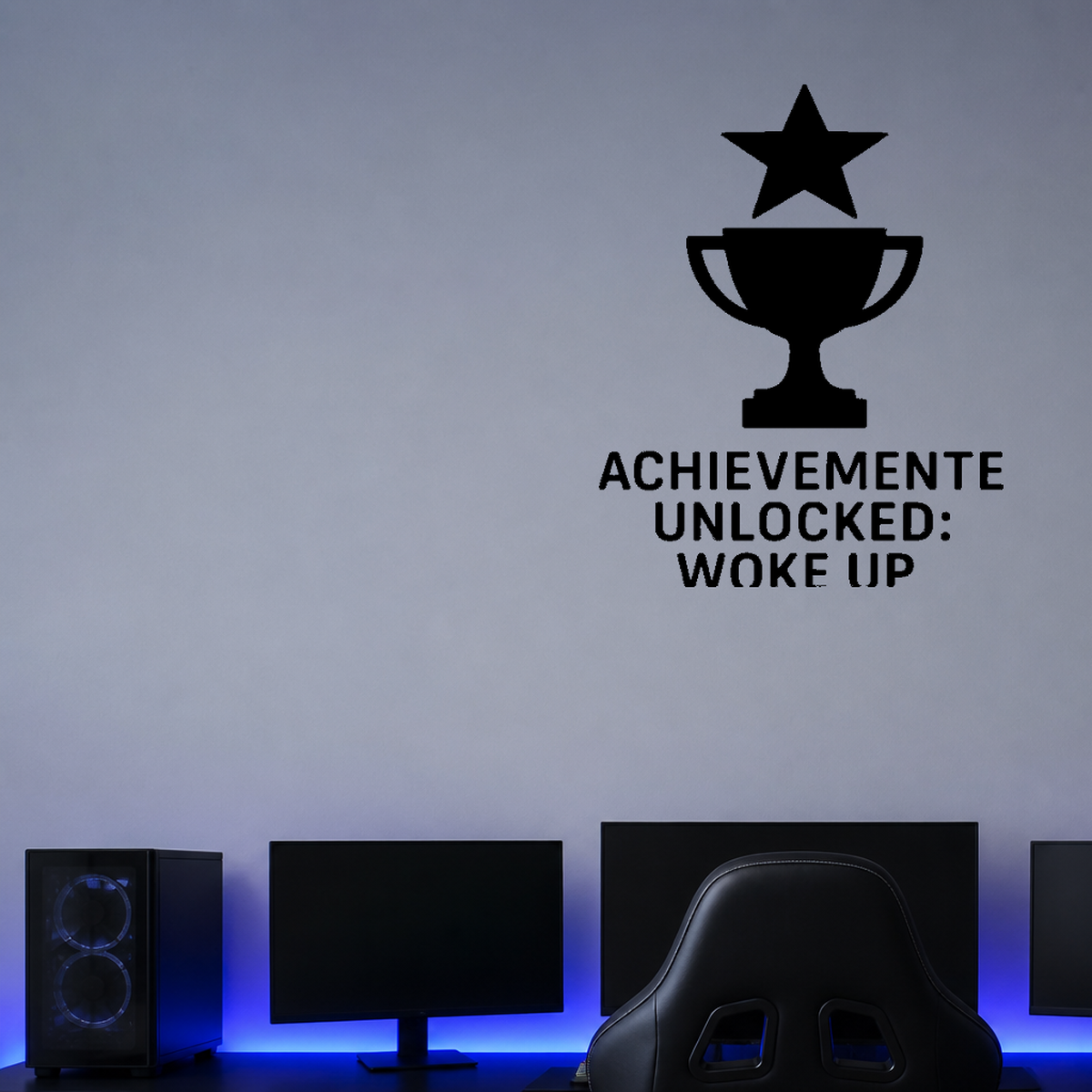 Achievement Unlocked: Woke Up - Funny Gamer Wall Decal Vinyl Sticker Removable shown as a removable vinyl wall decal in a second room setting